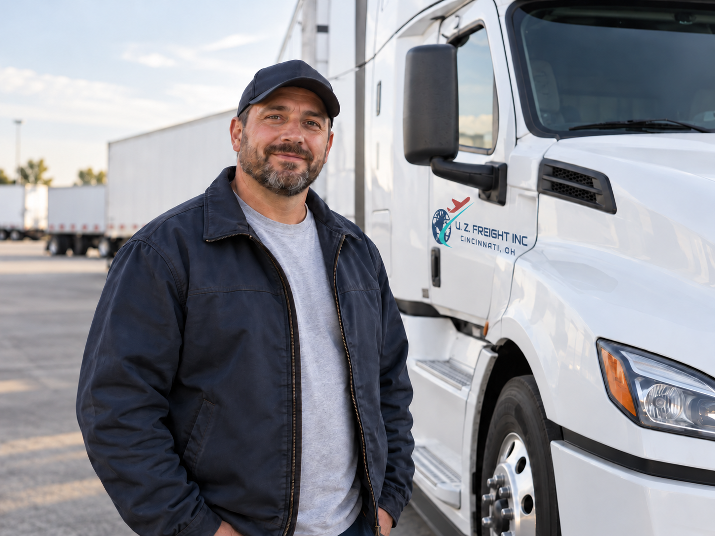Illustrative photograph of a professional truck driver beside a white semi truck with the UZ Freight logo on its cab